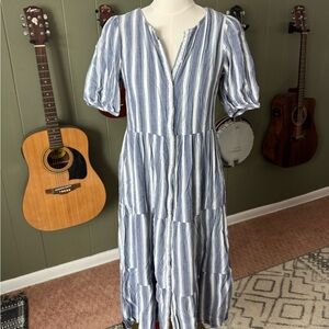 Blue Striped Bohemian Button-Down Maxi Dress
